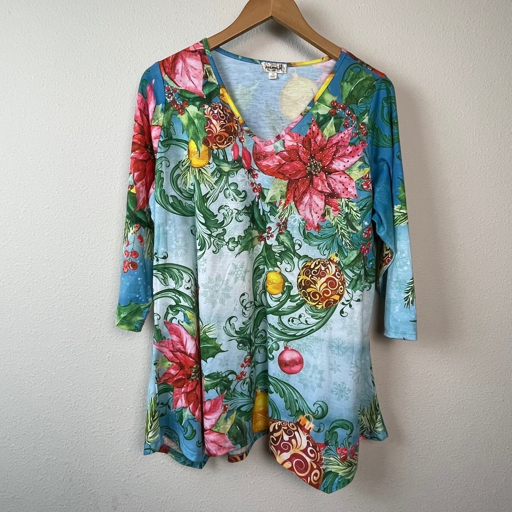 One World Christmas Poinsettia Tunic Women 1X Blue Fairycore Rhinestone Holiday‎